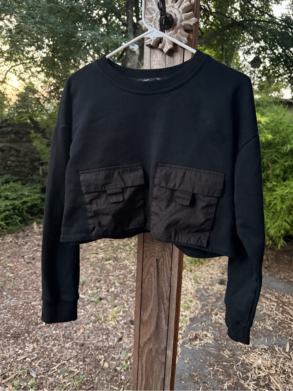 100% Cotton Vici Black Cropped Sweatshirt with Front Patch Pockets